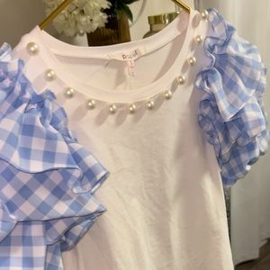 Gingham Puff Sleeve Top With Pear Detail SZ S